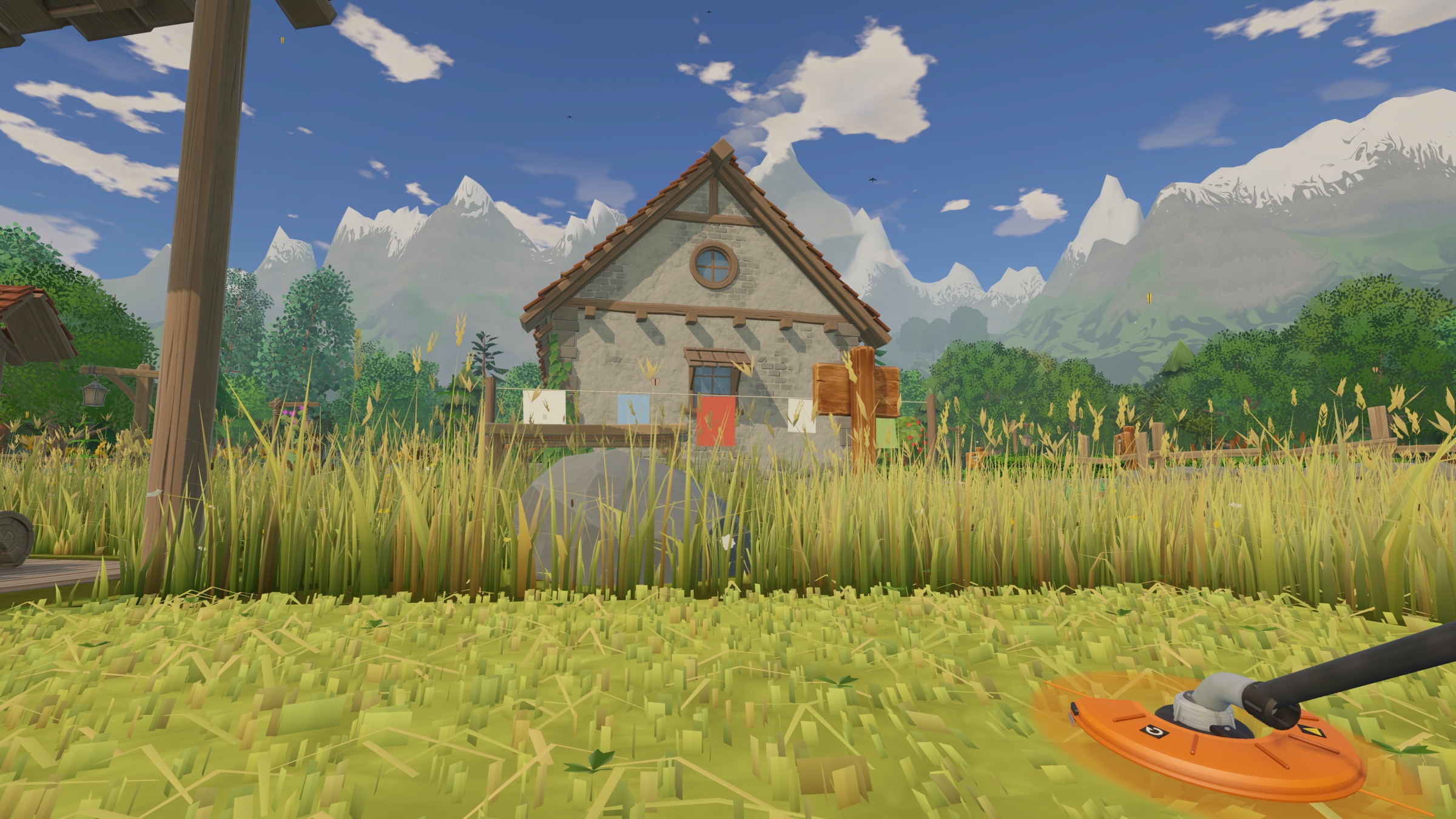 Grass Boss: a string trimmer cutting tall grass in front of a cottage